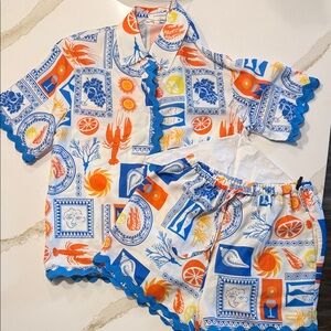 Commense Blue and Orange Patterned Women Shorts SET